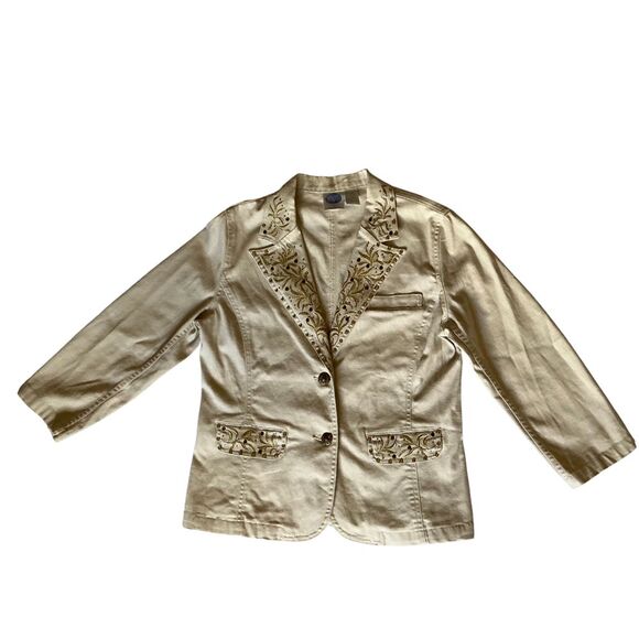 DG2 Diane Gilman Denim Jacket Blazer Gold Embroidered Studded 2 Pockets Size Med - Picture 2 of 8